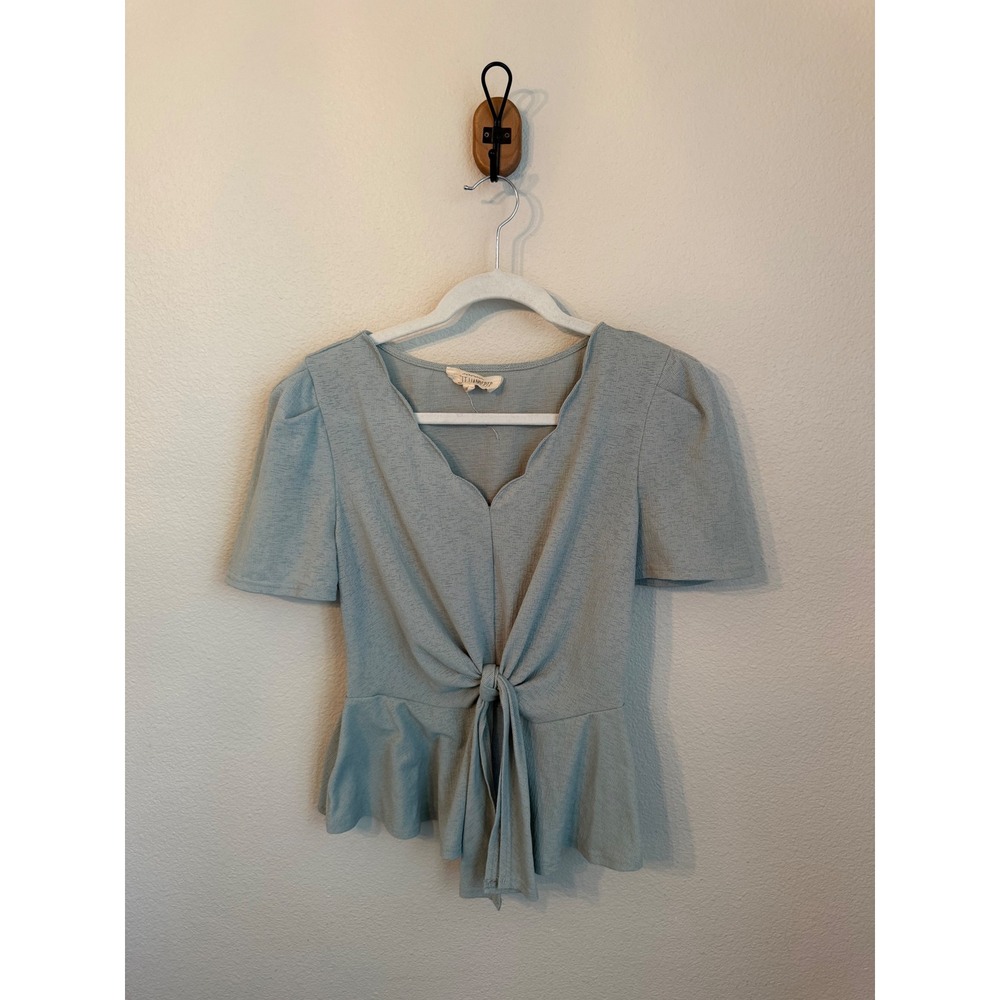Sweet Wanderer Peplum Top Women Large Sage Green Excellent Scallop Tie Front